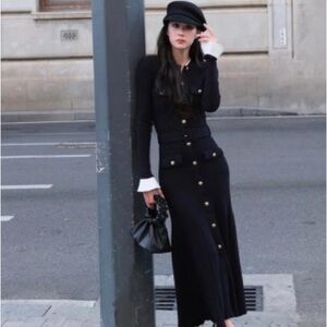 Chic Black Long Sleeve Dress with Gold Buttons